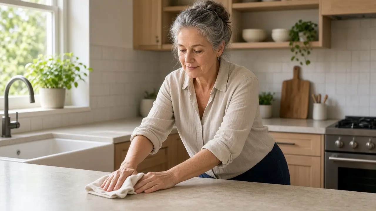 A woman about sixty-two wipes a kitchen counter with a plain cloth.