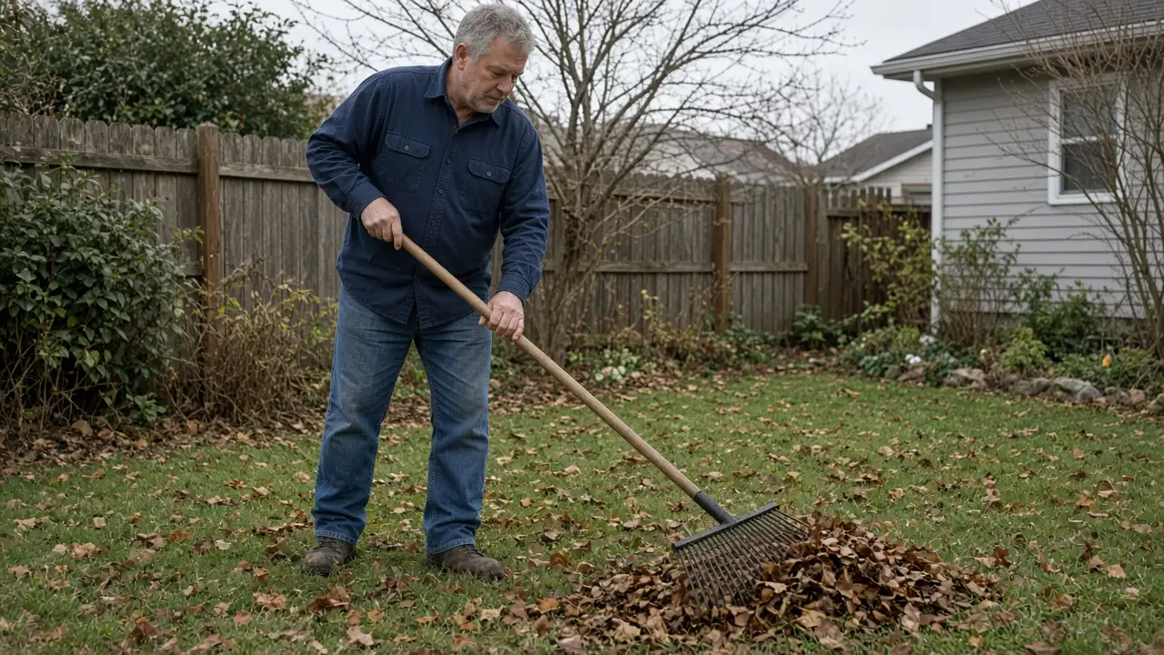 A man in his mid-fifties rakes leaves in a small backyard.