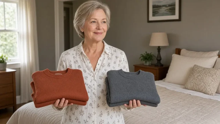 A woman about 61 holds up two solid-color folded sweaters.