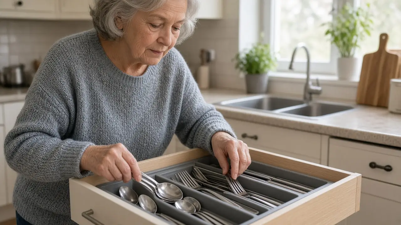A woman about 70 sorts plain silverware into a kitchen drawer.