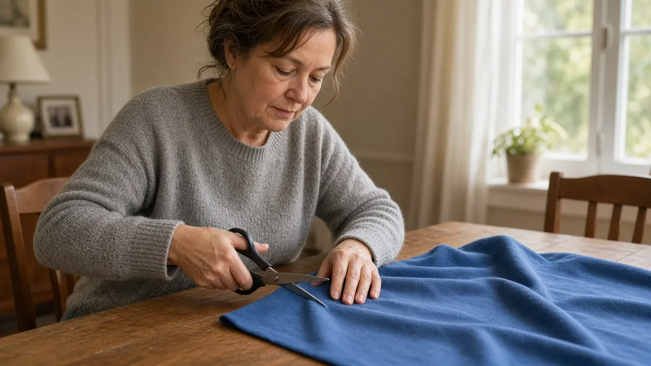 A woman about 56 cuts solid cotton fabric at a table.