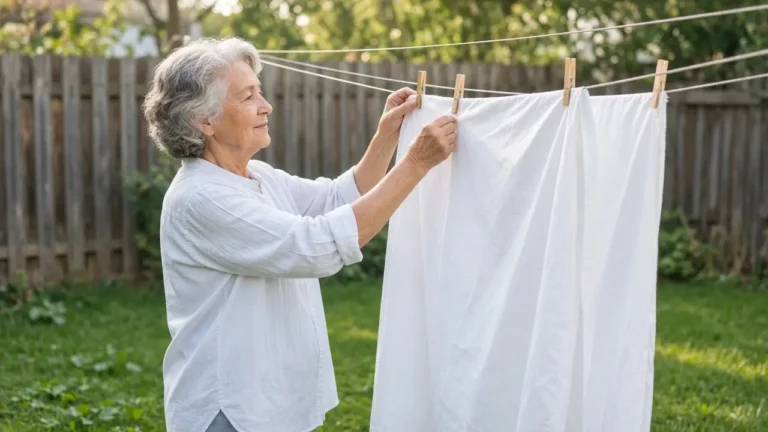 A woman about 72 pins plain sheets on a backyard clothesline.