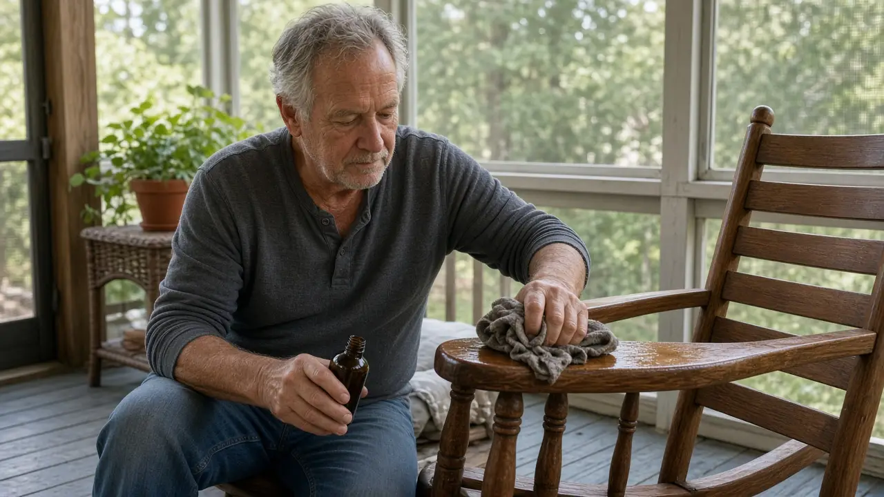 A man about 66 oils the arm of a wooden rocking chair on a porch.