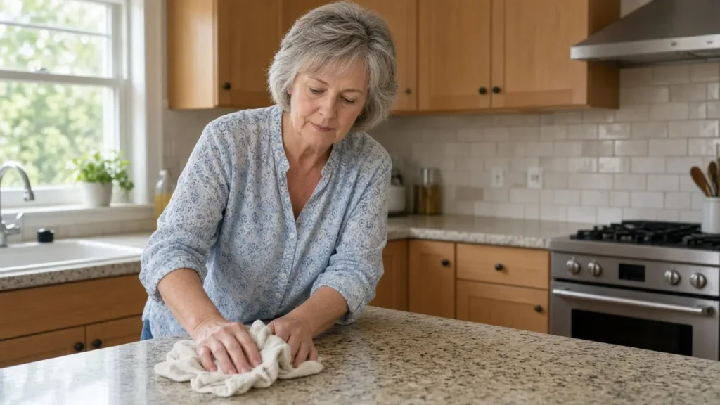 A woman about 64 wipes a kitchen counter.