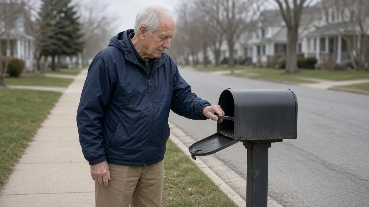 A man about 70 checks a curbside mailbox.
