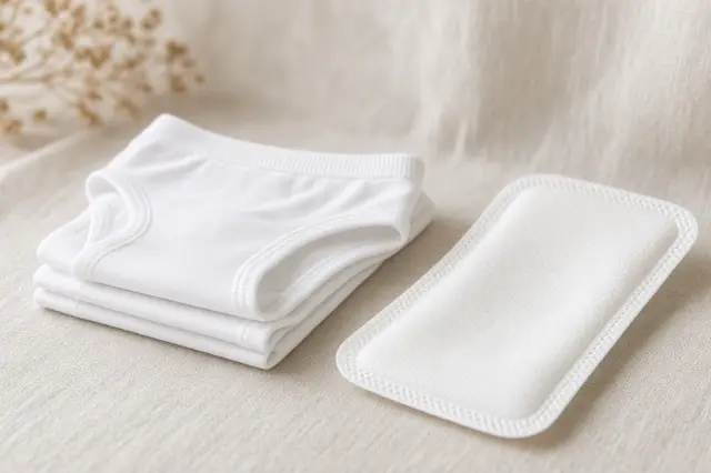 Folded white absorbent underwear and a pad