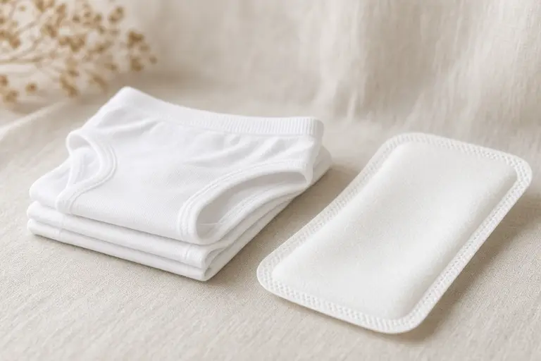 Folded white absorbent underwear and a pad