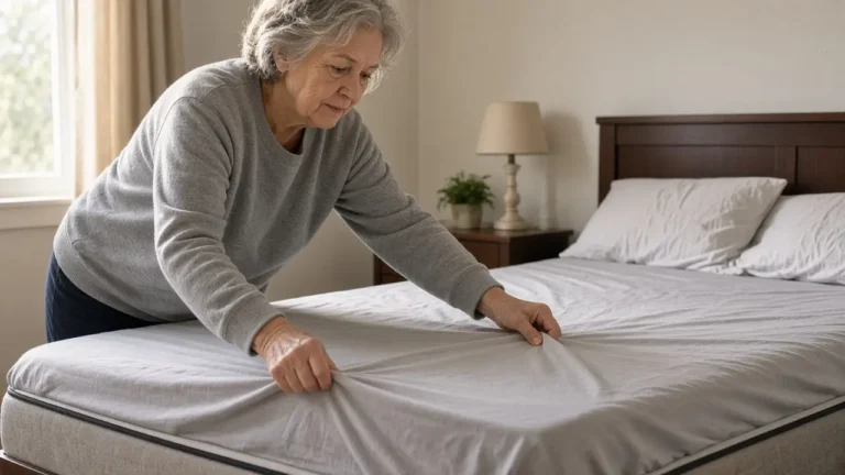 A woman about 69 pulls a plain fitted sheet over a mattress.
