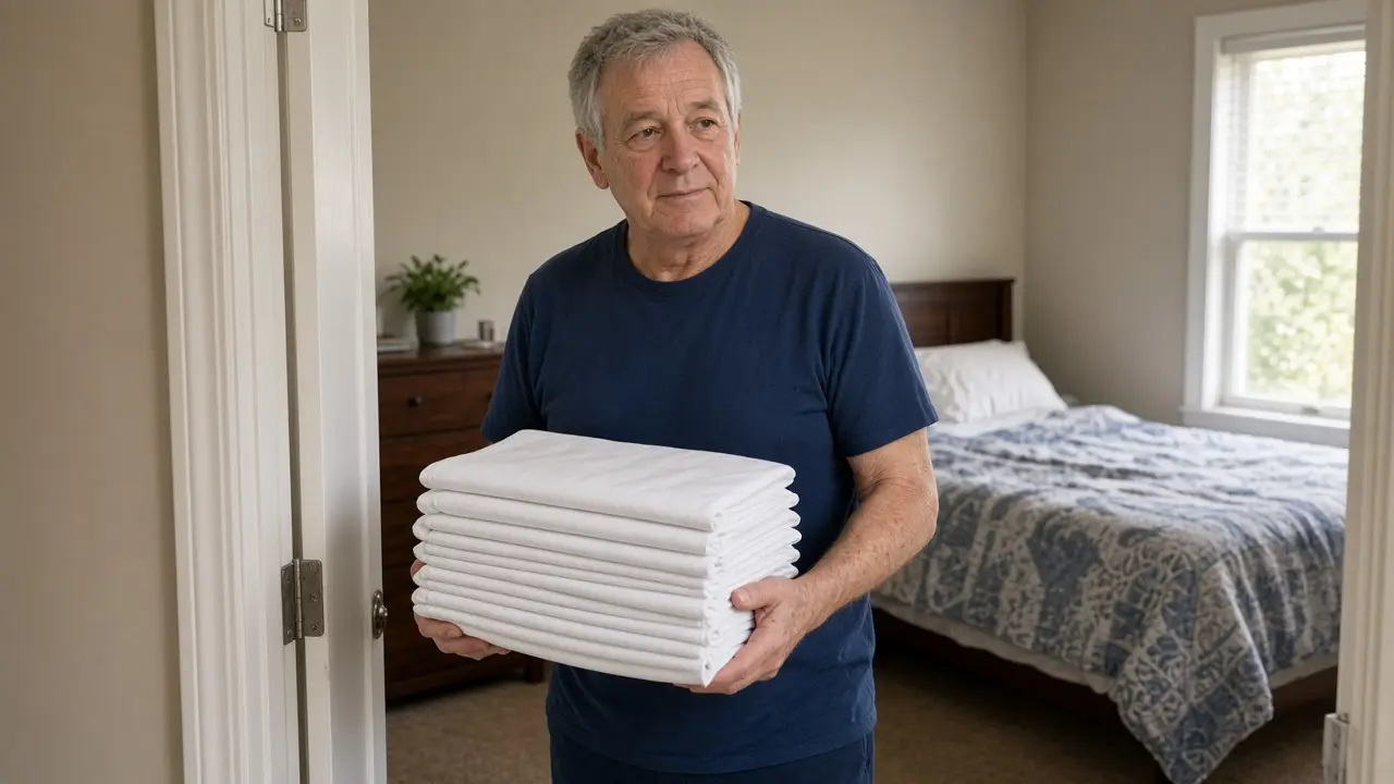 A man about 66 carries a stack of folded sheets.