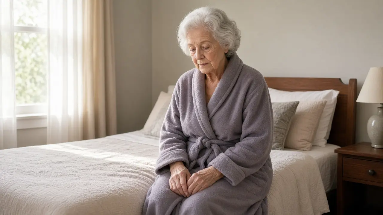 A woman about 75 sits on the edge of a made bed in morning light.