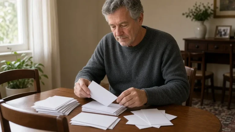 A man about 62 sorts blank envelopes at a dining table.