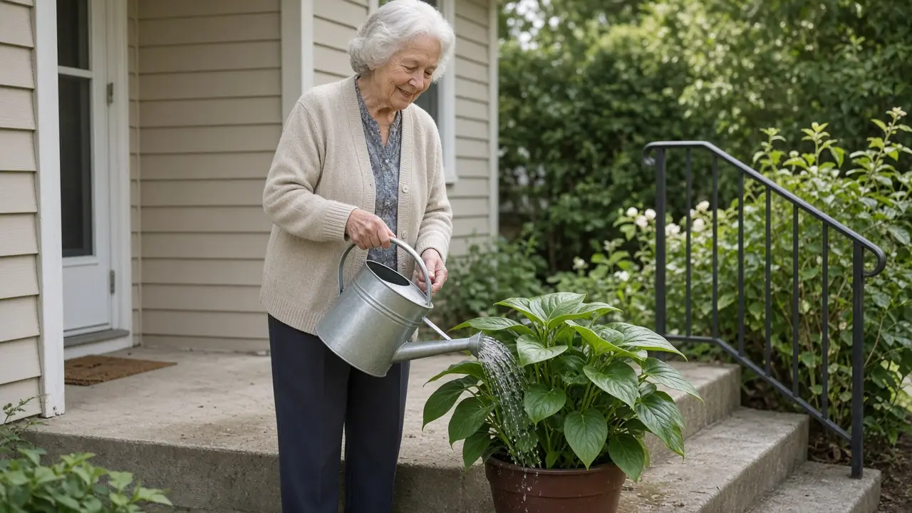 A woman about 71 waters plants on a back step.