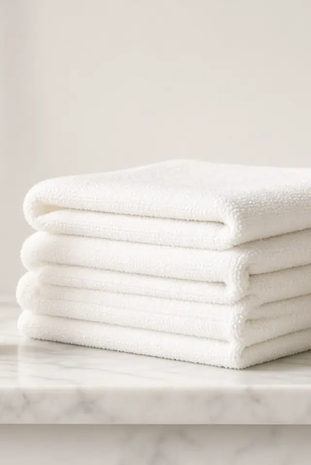Plain cream tube and folded cloths on a shelf