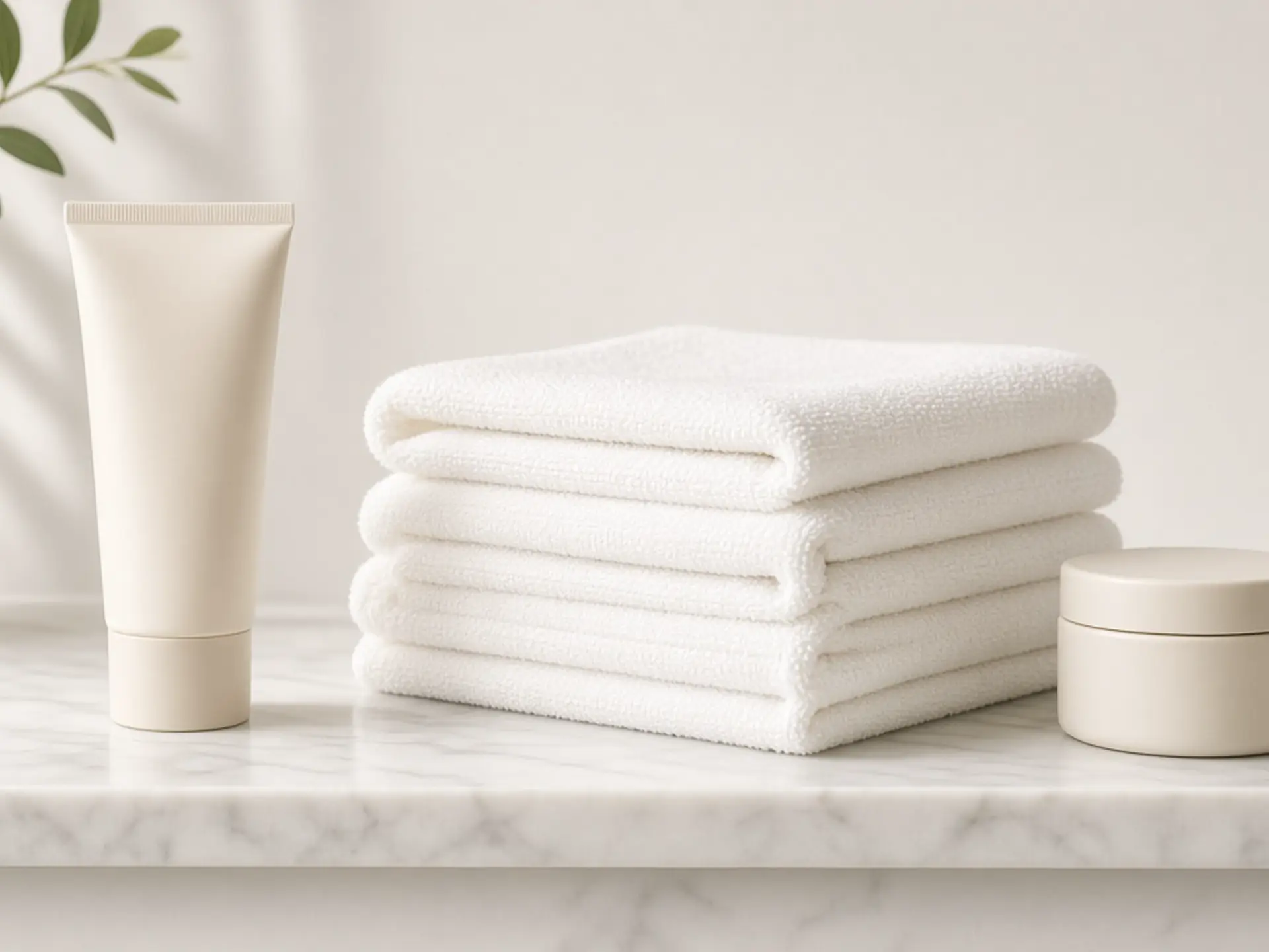 Plain cream tube and folded cloths on a shelf