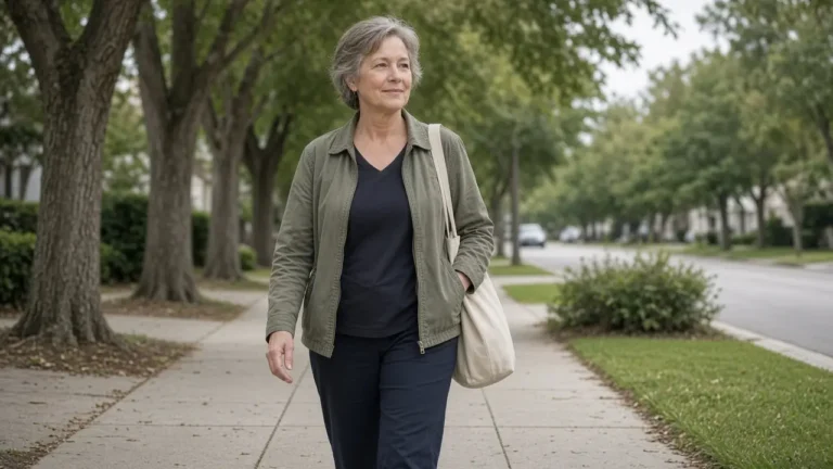 A woman about 62 walks a suburban sidewalk with a plain canvas tote.