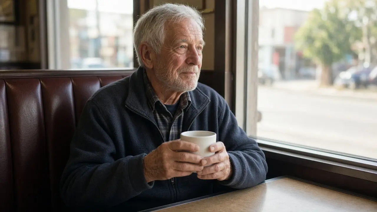 A man about 70 sits in a diner booth with a plain ceramic mug.