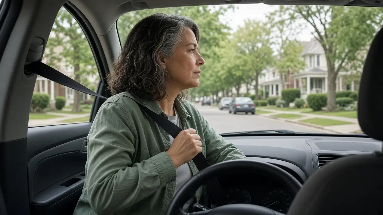 A woman about 55 fastens a seatbelt in a parked car.