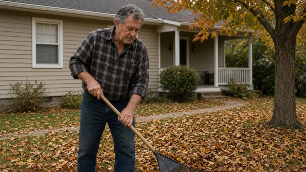 A man about 62 rakes leaves in a front yard.