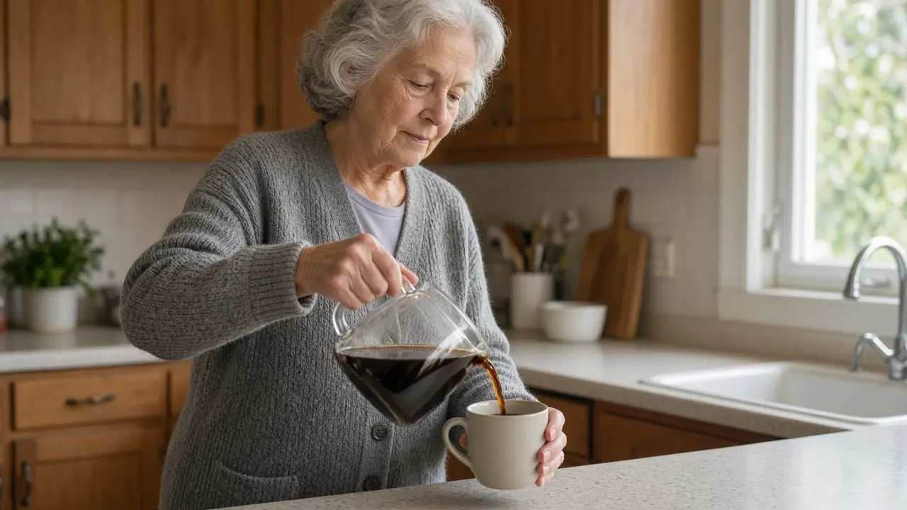 A woman about 73 pours coffee in a kitchen.