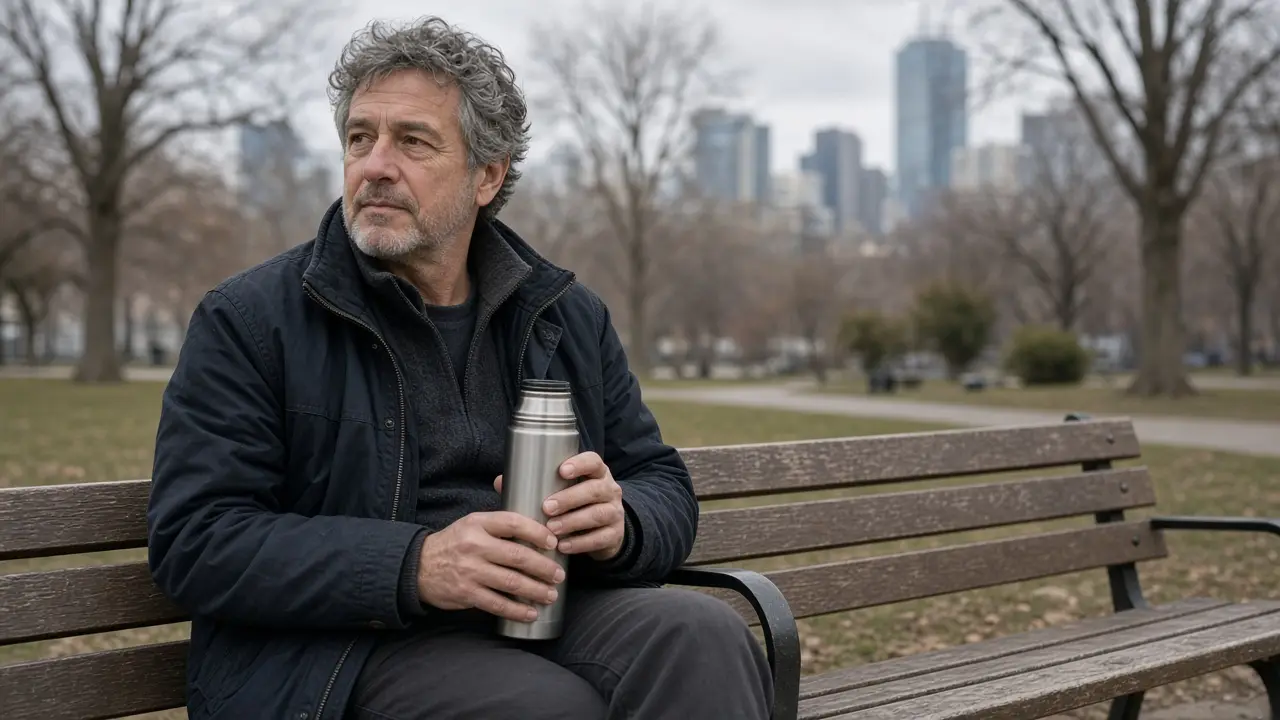 A man about 55 sits on a park bench with a thermos.