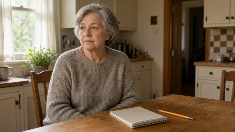 A woman in her mid-sixties sits at a kitchen table with a pencil and a notepad turned face down.