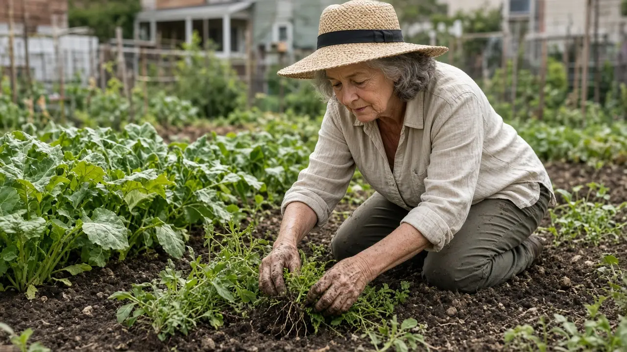 A woman about seventy-one pulls weeds in a community garden while wearing a sun hat.
