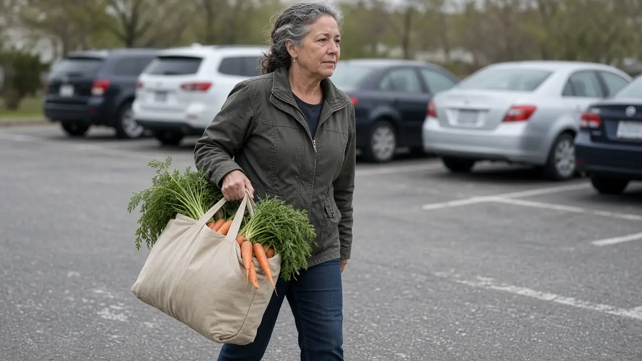 A woman in her late fifties carries a bag of loose vegetables across a small parking lot.