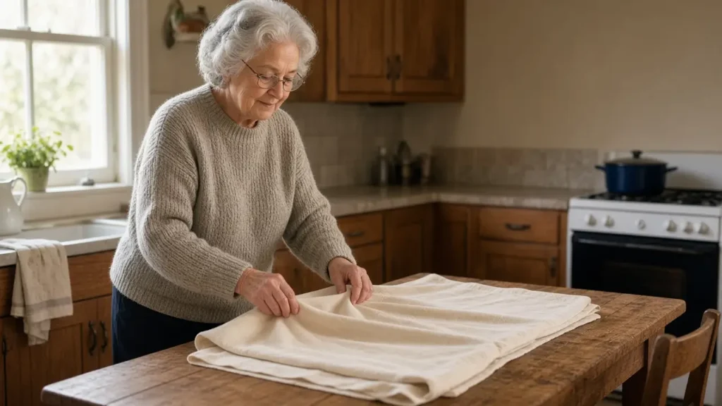 A woman about 72 folds a plain tablecloth on a kitchen table.