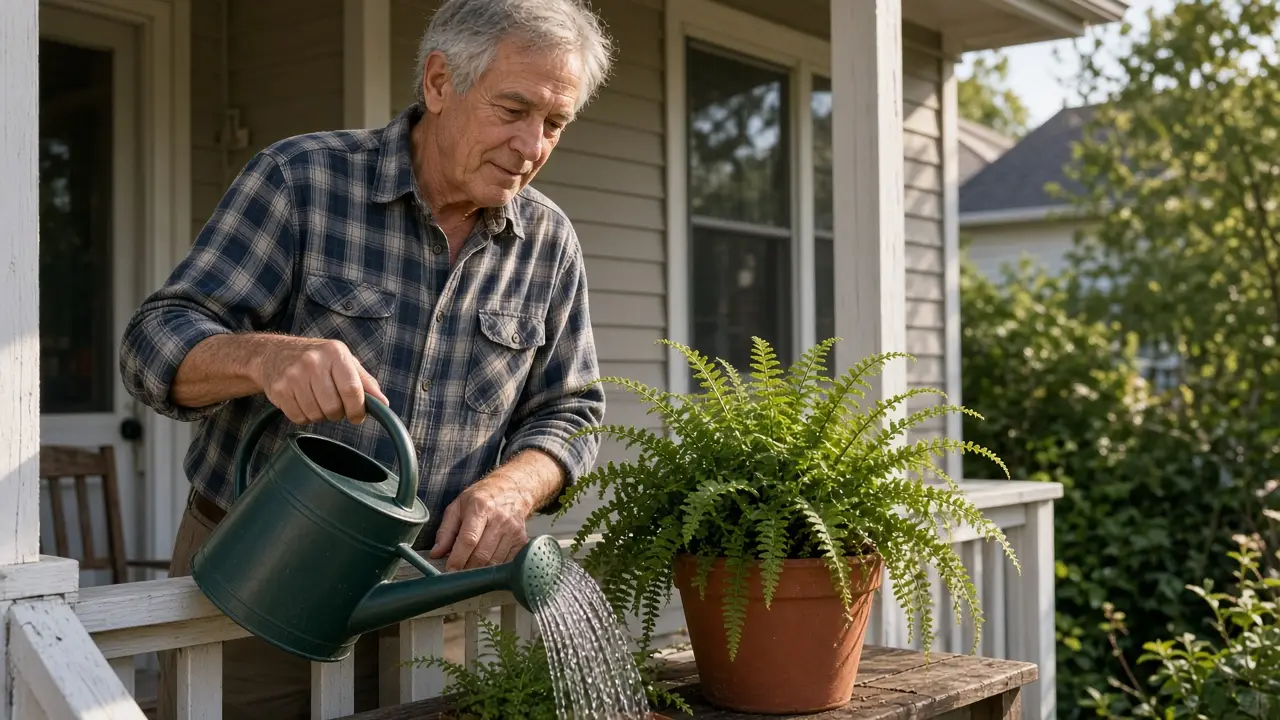 A man about 68 waters a fern on a wooden porch.