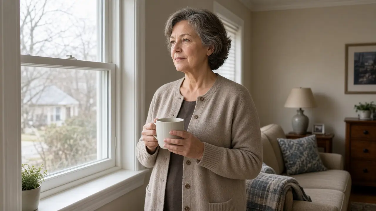 A woman about 61 stands at a living room window with a plain mug.