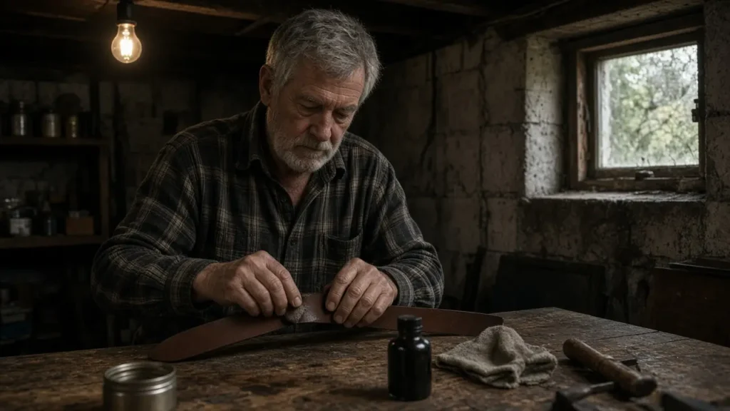 A man about 66 oils a leather belt at a basement workbench.