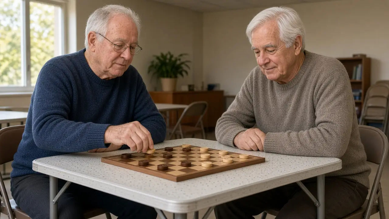 Two men in their seventies play checkers at a card table.