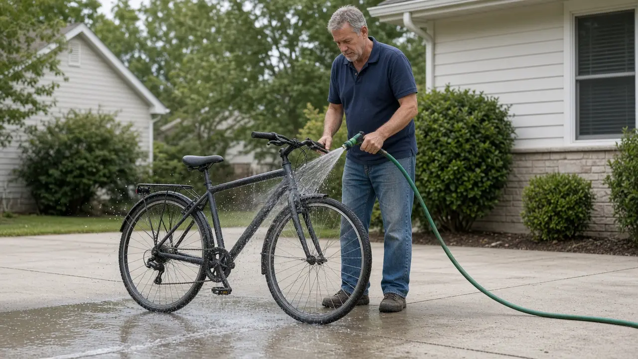 A man about 59 rinses a bicycle with a hose in a driveway.