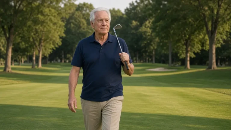 A man about 66 walks a golf fairway in late afternoon, one plain iron resting on his shoulder.
