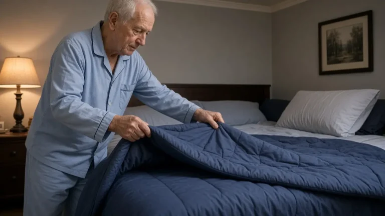 A man about 73 turns down a plain quilt on a bed.