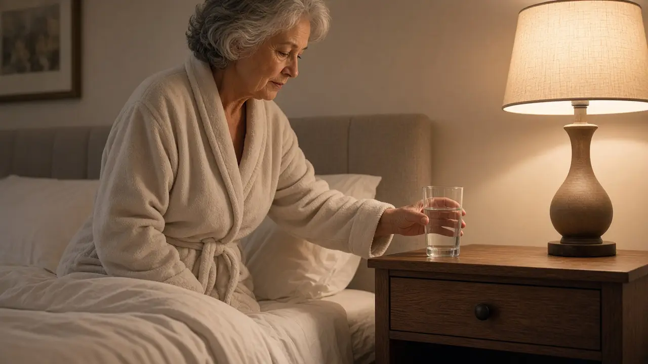 A woman about 67 sets a glass of water on a wooden nightstand.