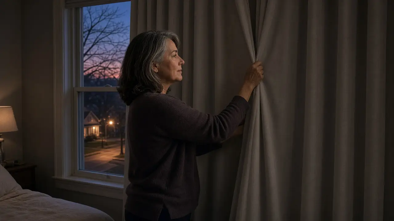 A woman about 59 closes bedroom curtains at dusk.