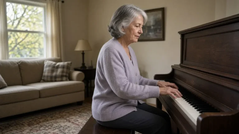 A woman about 66 plays an upright piano in a living room.
