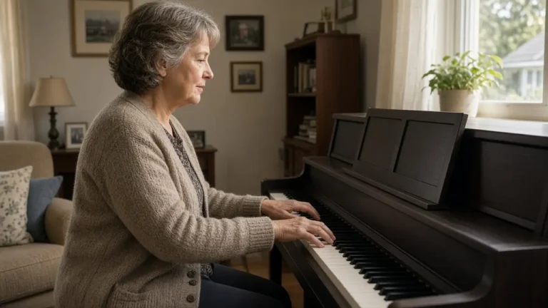 A woman about 68 sits at an upright piano in a living room, sheet music out of the frame.