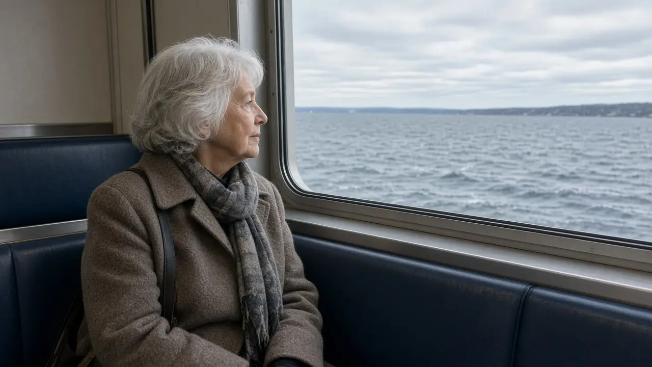 A woman about 74 sits on a ferry bench in a wool coat, looking out at the water.