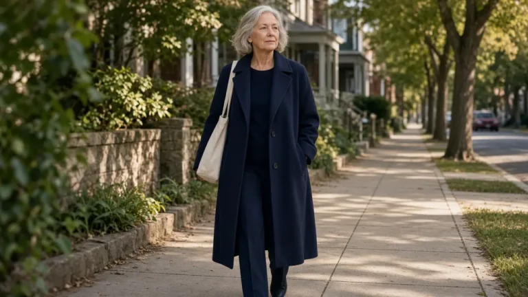 A woman about 67 in a navy coat walks a small-town sidewalk with a tote.