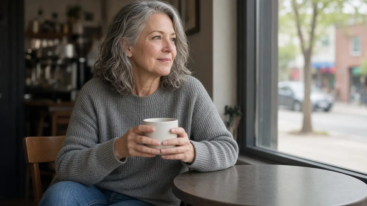 A woman about 62 in a sweater sits at a cafe table with a ceramic mug.
