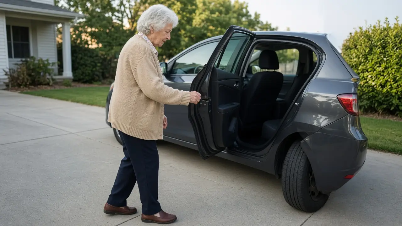 A woman about 74 walks toward the open door of a parked sedan.
