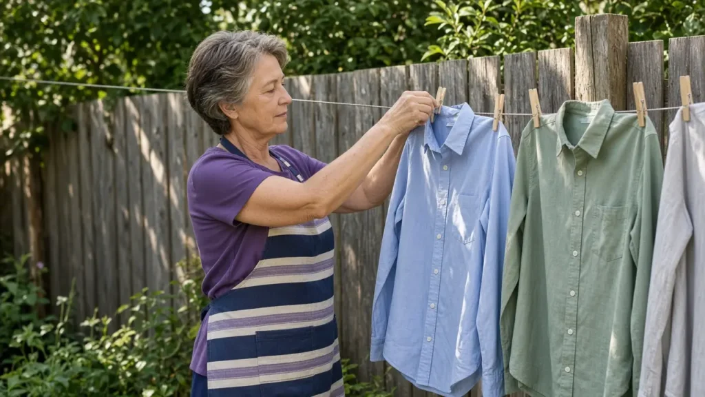 A woman about 62 pins shirts on a backyard clothesline.