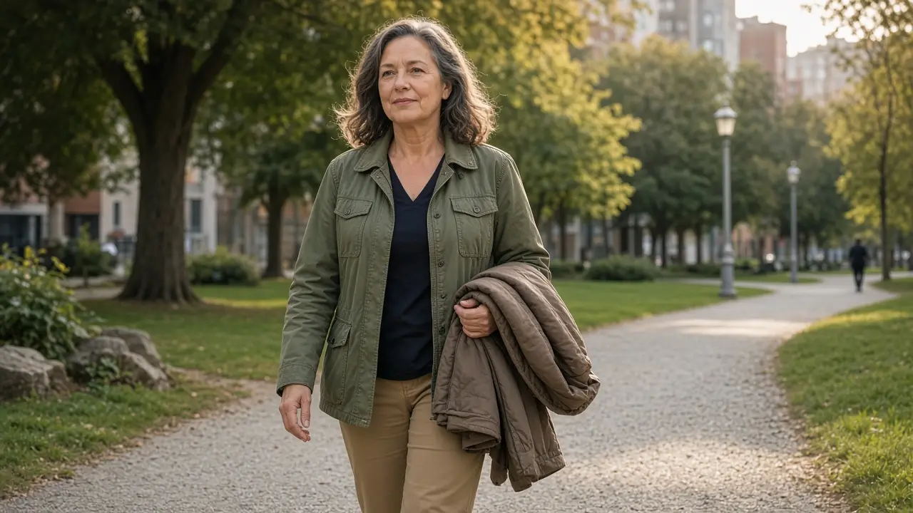 A woman about 57 walks a gravel park path with a jacket over her arm.