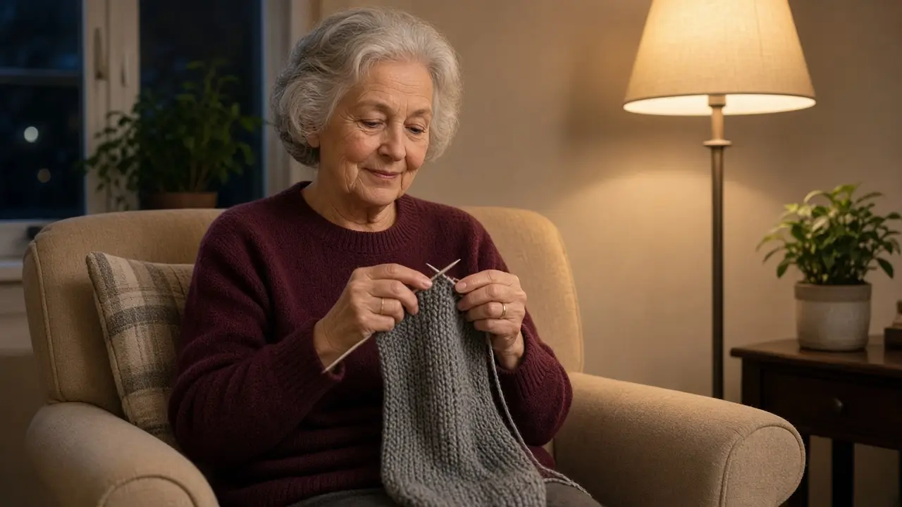 A woman about 69 knits in an armchair beside a floor lamp.