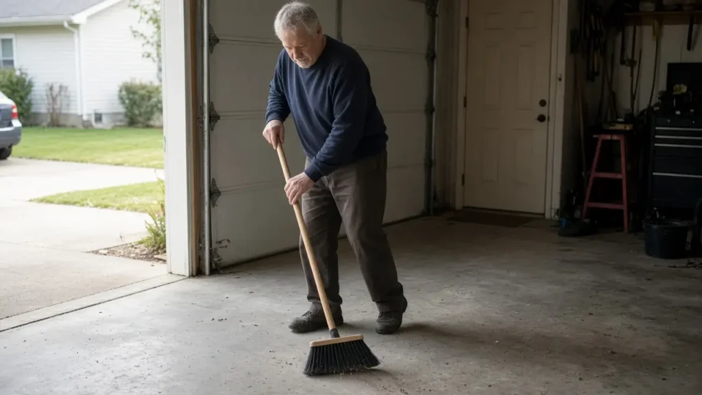 A man about 62 sweeps a garage floor.