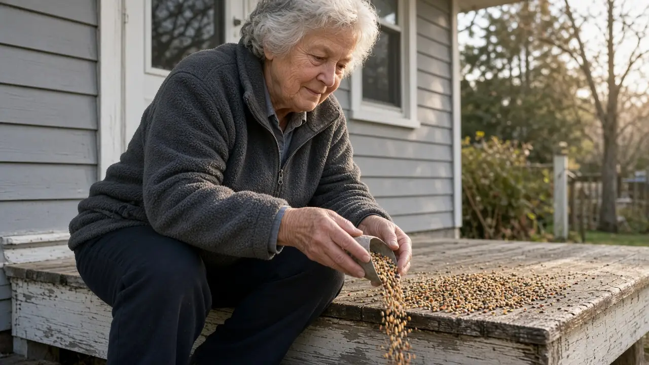 A woman about 73 scatters seed for birds from a porch step.
