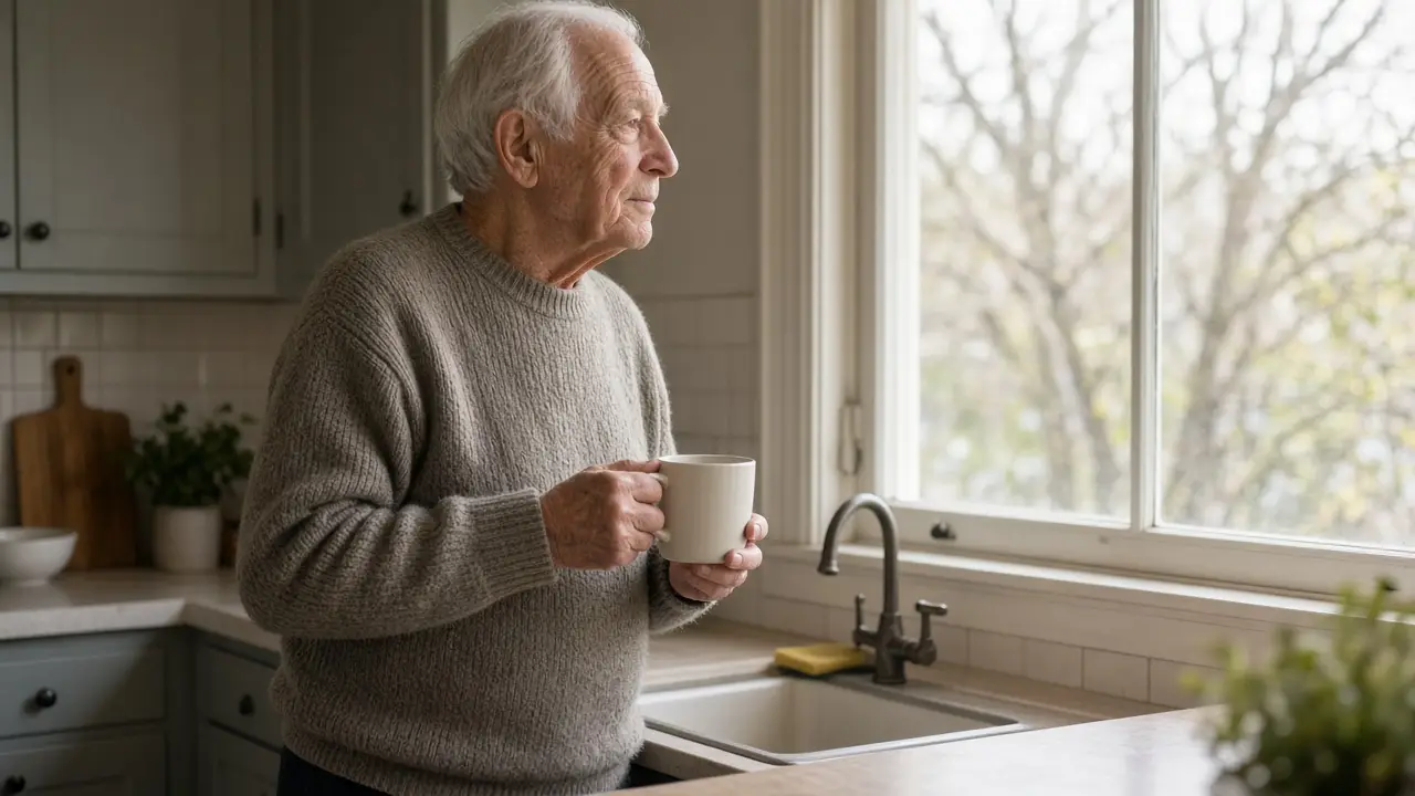 A man about 80 stands at a kitchen window with a mug.