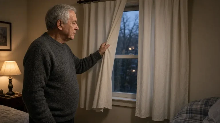 A man about 69 draws bedroom curtains, still in a sweater.